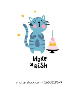 Funny smiling cat with cake hand drawn kids illustration. Cute clipart isolated on a white background.Vector Illustration for birthday children postcard or poster.