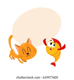 Funny smiling cat, kitten character trying to catch and eat golden, yellow fish, cartoon vector illustration with space for text. Golden fish and little cat, kitten characters, mascots