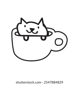 Funny smiling cat sitting in a coffee cup. Black color design. Vector outline isolated icon. Hand drawn illustration on white background.