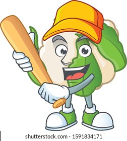 Funny smiling cauliflower cartoon mascot with baseball