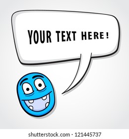 Funny smiling character with speech bubble.