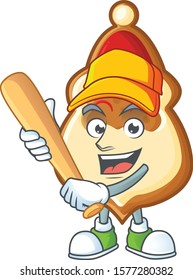 Funny smiling christmas hat cookies cartoon mascot playing baseball