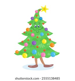 Funny smiling Christmas tree. Decorated with colorful glass balls and gold star. In cartoon style. Isolated on white background. Vector flat illustration.