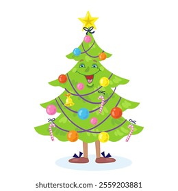 Funny smiling Christmas tree. Decorated with glass balls, gold star, candies and  beads. In cartoon style. Isolated on white background. Vector flat illustration.