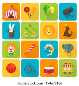 Funny smiling circus clown juggling with balls and magic hat rabbit focus flat isolated vector illustration