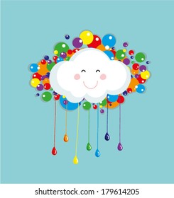 Funny smiling cloud with colored bubbles in vector.