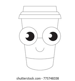 Funny smiling Coffeee Cup cartoon. Outlined illustration with thin line black stroke