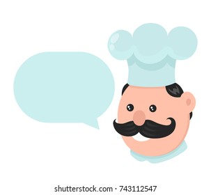 Funny smiling cook with talking dialog bubble speech. Vector modern flat style cartoon character illustration.Isolated on blue background. Cook chef face concept