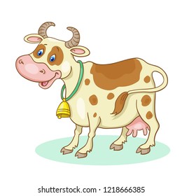 Funny smiling cow stands isolated on a white background. In cartoon style.