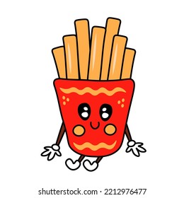 Funny smiling cute French fries character. Doodle cartoon style hand drawn fast food icon in gloves for delivery, restaurant, cafe web decoration. Isolated vector illustration