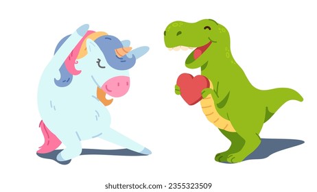 Funny smiling cute imaginary animals. Dancing unicorn, heart giving dinosaur. Tyrannosaurus Rex sharing his love fantasy. Viral marketing and social media animal characters concept vector illustration