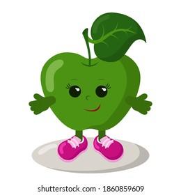 Funny smiling cute kawaii apple with sneakers. Colored isolated vector illustration in flat design with shadows