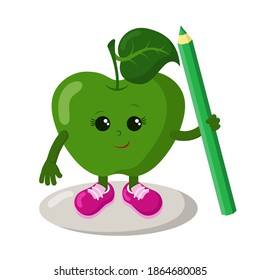 Funny smiling cute kawaii apple with sneakers holding a pencil. Colored isolated vector illustration in flat design with shadows