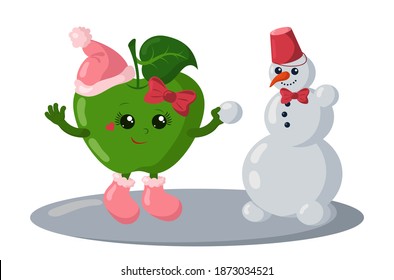 Funny smiling cute kawaii apple girl with winter shoes, bow and warm hat making a snowman. Colored isolated vector illustration in flat design with shadows