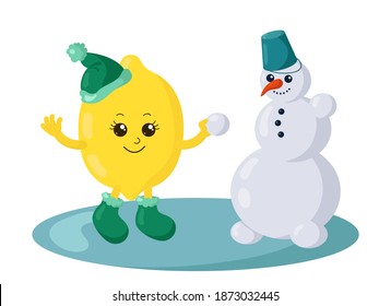 Funny smiling cute kawaii lemon with winter shoes and warm hat making a snowman. Colored isolated vector illustration in flat design with shadows