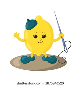 Funny Smiling Cute Kawaii Lemon Tailor With Beret And Shoes Holding Sewing Needle. Colored Isolated Vector Illustration In Flat Design With Shadows	