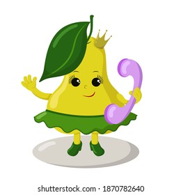 Funny smiling cute kawaii pear girl with high heels, crown and skirt holding a phone. Colored isolated vector illustration in flat design with shadows