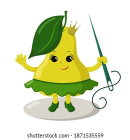 Funny Smiling Cute Kawaii Pear Tailor With High Heels, Crown And Skirt Holding Sewing Needle. Colored Isolated Vector Illustration In Flat Design With Shadows