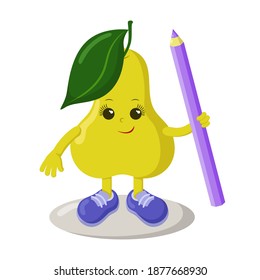 Funny smiling cute kawaii pear with leaf and sneakers holding a pencil. Colored isolated vector illustration in flat design with shadows	