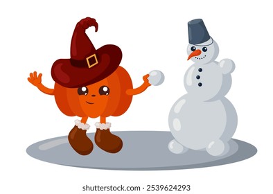 Funny smiling cute kawaii pumpkin with winter shoes and witch hat making a snowman. Isolated colorful vector emoticon illustration in flat design with shadows	