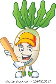 Funny smiling daikon cartoon mascot with baseball