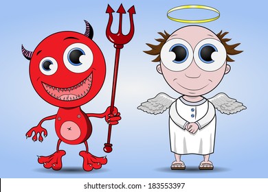 Funny smiling devil and angel cartoon characters