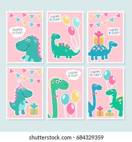 Funny smiling dinos, birthday greeting, balloons on pink background. Cards for children, babies. Colorful party invitation. Cartoon characters. 