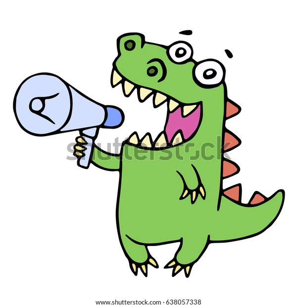 笑顔の可笑しい恐竜がメガホンで叫んでいる ベクターイラスト かわいい漫画のキャラクター のベクター画像素材 ロイヤリティフリー