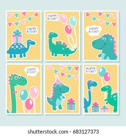Funny smiling dinosaurs, birthday greetings. colorful party invitation, cards. Cartoon characters. "Happy birthday" sign