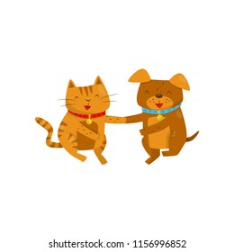 Funny smiling dog and cat holding hands, cute domestic pet animals cartoon characters, best friends vector Illustration on a white background