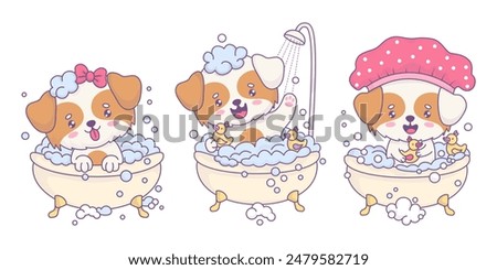 Funny smiling dogs bathes in bath with foam and rubber duck toys. Puppy girl and pet in shower cap. Isolated cute cartoon kawaii animal character. Vector illustration. Kids collection