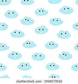 Funny sonriendo las nubes de doodle sobre fondo blanco. Patrón vectorial sin cable. Dibujo manual para niños para imprimir sobre tela, papel pintado, ropa