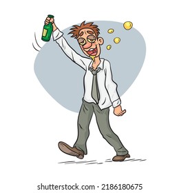 Funny smiling drunk man holding a beer bottle, Alcoholism, alcohol addiction, illustrator vector cartoon drawing
