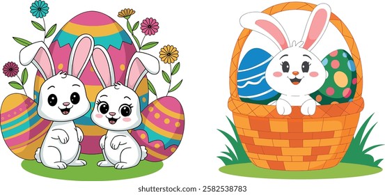 Funny smiling Easter bunny or rabbit eggs bucket with flowers vector art on a white background
