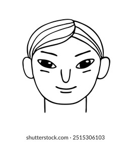 Funny smiling face of an asian teenage boy or young guy, black outline isolated on white background. Line drawing sketch, doodle style. Vector clipart for children's illustration, caricature avatar.