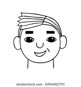 Funny smiling face of a teenage boy or young guy, black outline isolated on white background. Line drawing sketch in doodle style. Vector clipart for people illustration and children's design.