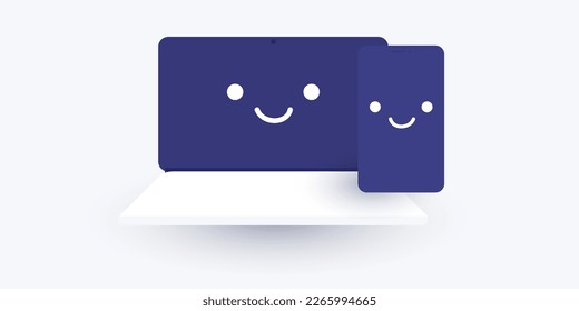 Funny, Smiling Faces on Computer and Mobile Phone Screens - Icon, Emoticon, Cheerful Happy Digital Device Emoji Symbol for Your Designs, Social Communication and Chatting