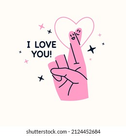 Funny smiling faces of people painted on the fingers. An interesting fashion poster on the theme of love and romance