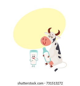 Funny smiling farm cow sitting and glass of milk standing characters, cartoon vector illustration with space for text. Cute and funny cow with bottle of milk and glass of milk characters