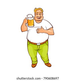 Funny smiling fat, chubby man holding big beer mug, hand-drawn cartoon vector illustration isolated on white background. Full length portrait of funny plump man holding big beer mug