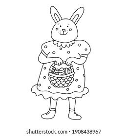 An funny smiling female rabbit or bunny  with an Easter basket with eggs. She is wearing a polka dots dress. Hand drawn vector illustration isolated on white background. Doodle style. Black outline.