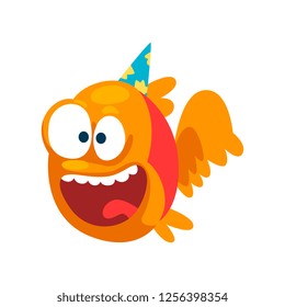 Funny smiling fish in party hat, little sea creature character, marine theme design element can be used for kids party invitation, greeting card vector Illustration