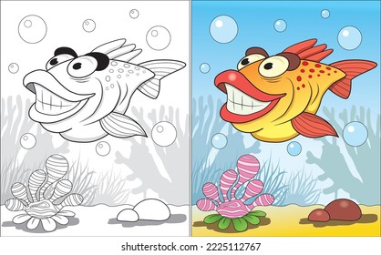 Pescado sonriente gracioso en el libro de colorear el agua