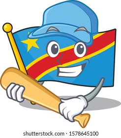 Funny smiling flag democratic republic cartoon mascot playing baseball