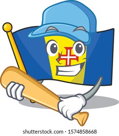 Funny smiling flag madeira cartoon mascot playing baseball