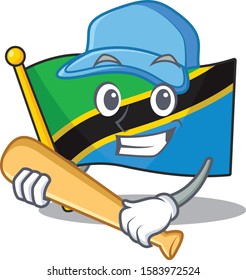 Funny smiling flag tanzania cartoon mascot playing baseball