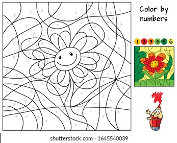 Funny smiling flower. Color by numbers. Coloring book. Educational puzzle game for children. Cartoon vector illustration