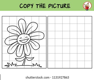 Funny smiling flower. Copy the picture. Coloring book. Educational game for children. Cartoon vector illustration