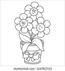 Flor divertida sonriente en una olla de flores. Libro de colorear. Ilustración vectorial de dibujos animados. Páginas de libros de colorido de flores, líneas de arte, páginas de coloración de flores para niños.