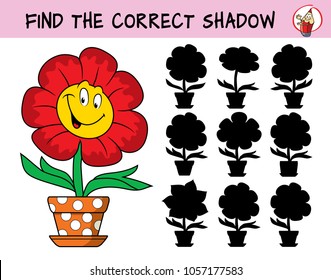 Funny smiling flower in a flowerpot. Find the correct shadow. Educational matching game for children. Cartoon vector illustration